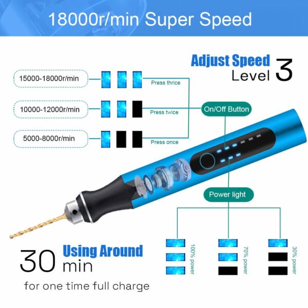 3-Speed Cordless Mini Drill Pen With 8 Small Drill Bits,Rechargeable Electric Hand Drill Pin Vise,Micro Drill Set For Jewelry Making,Resin,Plastic,Wood,Keychains DIY - Image 4