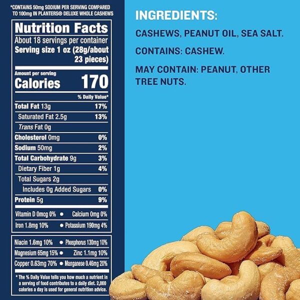 PLANTERS Deluxe Lightly Salted Whole Cashews, Party Snacks, Plant-Based Protein, Quick Snack for Adults, After School Snack, Roasted Cashew, Flavored with Sea Salt, Kosher, 1lb 2.25oz Canister - Image 2