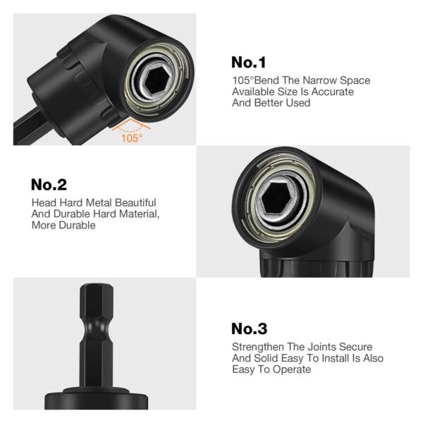 CIGOTU Right Angle Drill Adaptor,4-in-1 Impact Drill Bit Extension,360° Rotatable 1/4 3/8 1/2" Impact Grade Socket Adapter Set,105 Degree Angle Screwdriver Drill Bit for Household Workplace Industry - Image 7