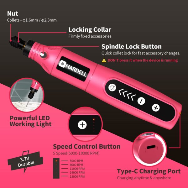 HARDELL Mini Cordless Rotary Tool, 5-Speed 3.7V rechargeable Kit with 61 Accessories, USB Charging Multi-Purpose Power Tool for Sanding, Polishing, Drilling, Etching, Engraving, DIY Crafts - Image 6