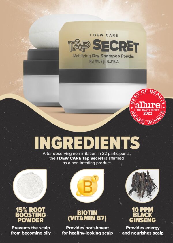 I DEW CARE Dry Shampoo Powder - Tap Secret | With Black Ginseng, Non-aerosol, Benzene-free, Mattifying Root Boost, No White Cast, Travel Size Dry Shampoo for Woman - Image 3