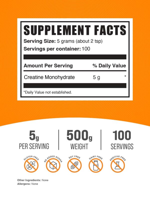 BULKSUPPLEMENTS.COM Creatine Monohydrate Powder - Creatine Supplement, Micronized Creatine, Creatine Powder - Unflavored & Gluten Free, 5g (5000mg) per Servings, 500g (1.1 lbs) (Pack of 1) - Image 6